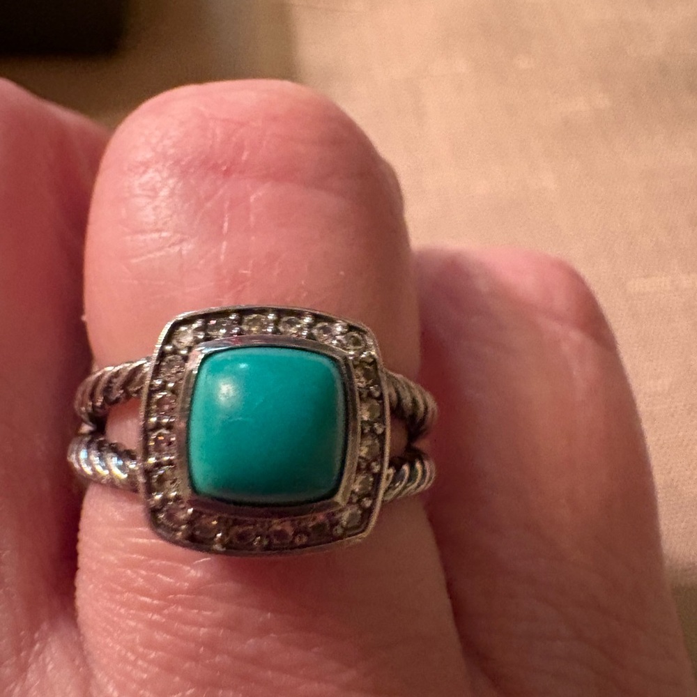 David Yurman 925 Sterling Silver Albion Ring 11mm Turquoise and Diamonds Size 8